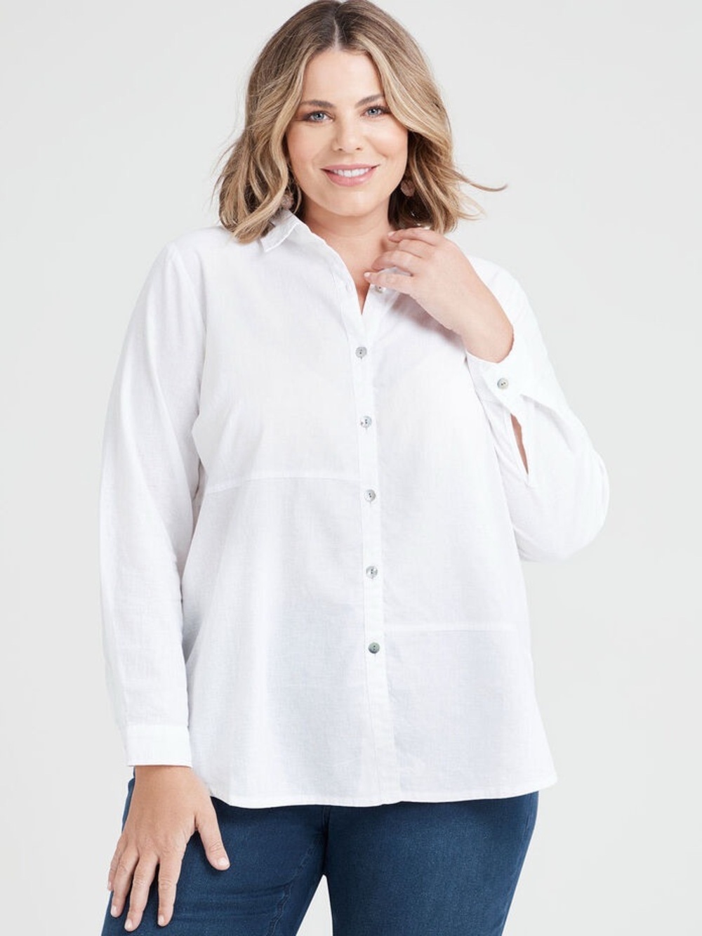 Lane Bryant White Linen Relaxed Button-Up Shirt